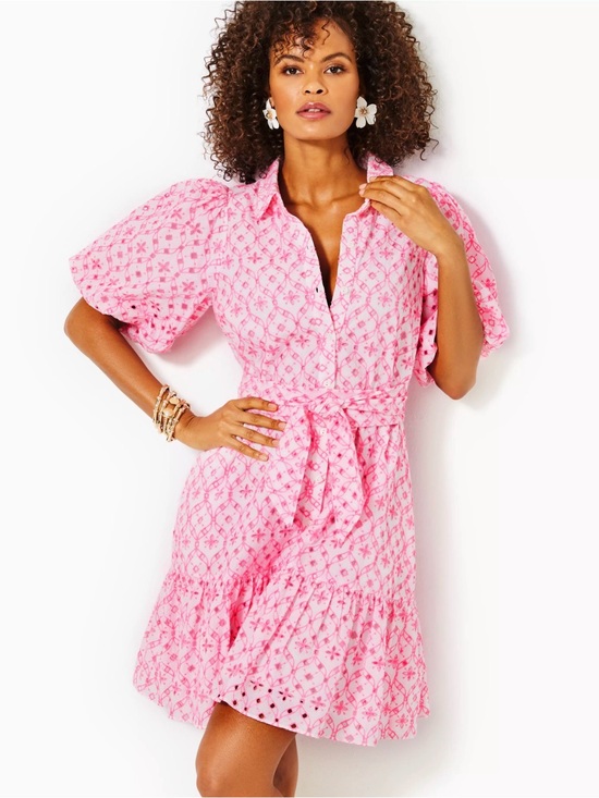 Lilly Pulitzer Dresses & Skirts - Lilly Pulitzer Cartley Eyelet Shirtdress Havana Pink White Size 8